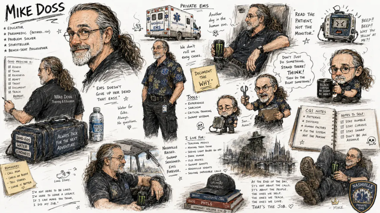 An illustrated character sheet introducing Mike Doss and his EMS career