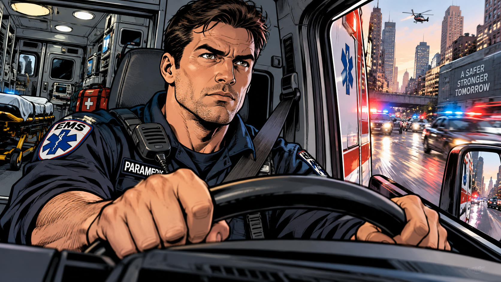 Comic-book style paramedic driving an ambulance through a city while an emergency crew and patient-care equipment are visible behind him