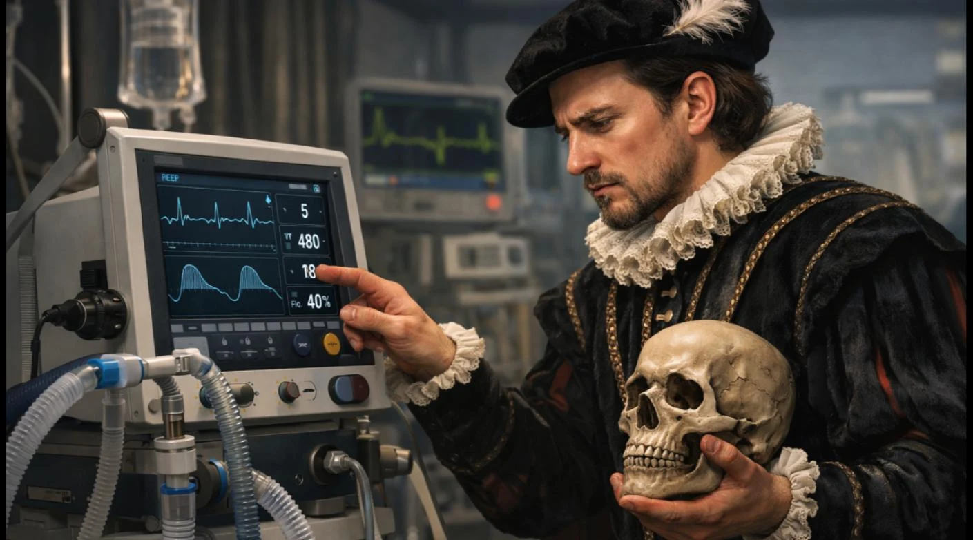 Illustration of a man dressed as Hamlet in Elizabethan costume, holding a skull, while pointing at a ventilator monitor screen