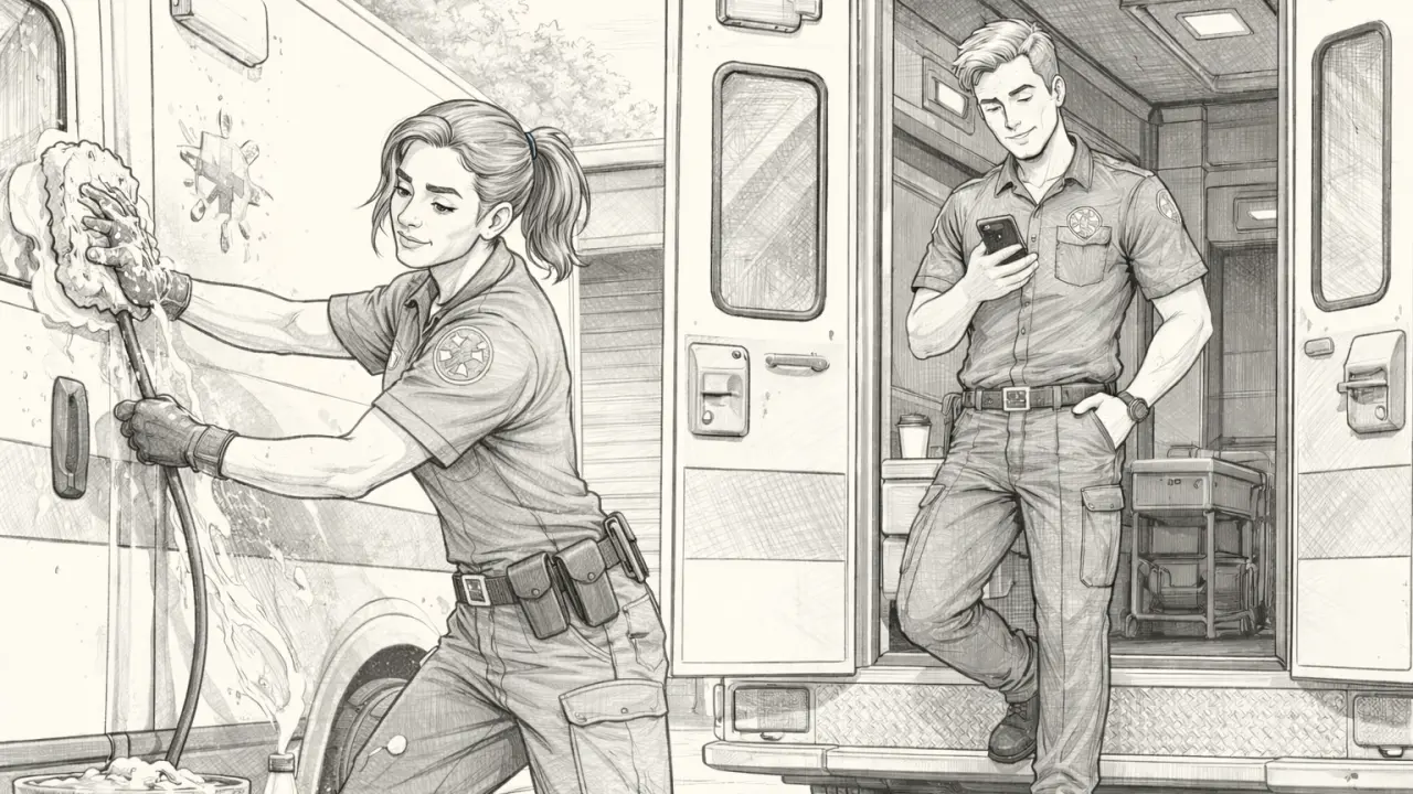 One EMS provider cleaning the ambulance while another scrolls on his phone