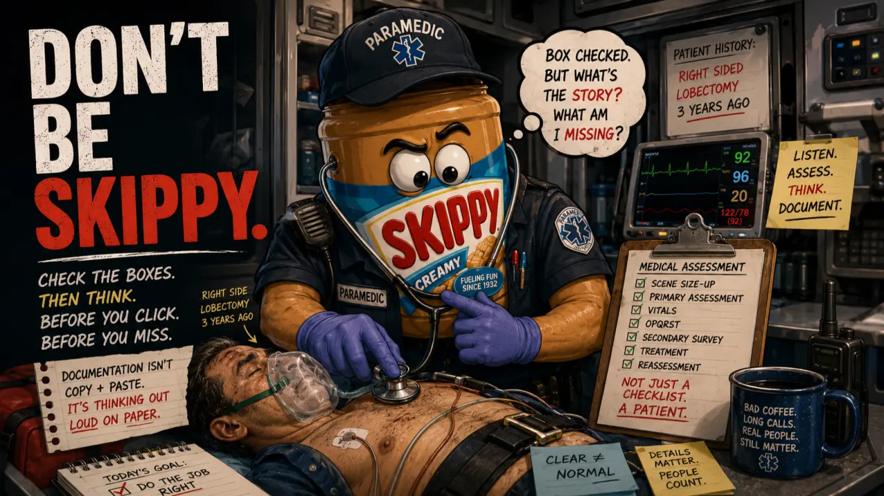 A cartoon paramedic named Skippy checking boxes while assessing a patient with a right-sided lobectomy