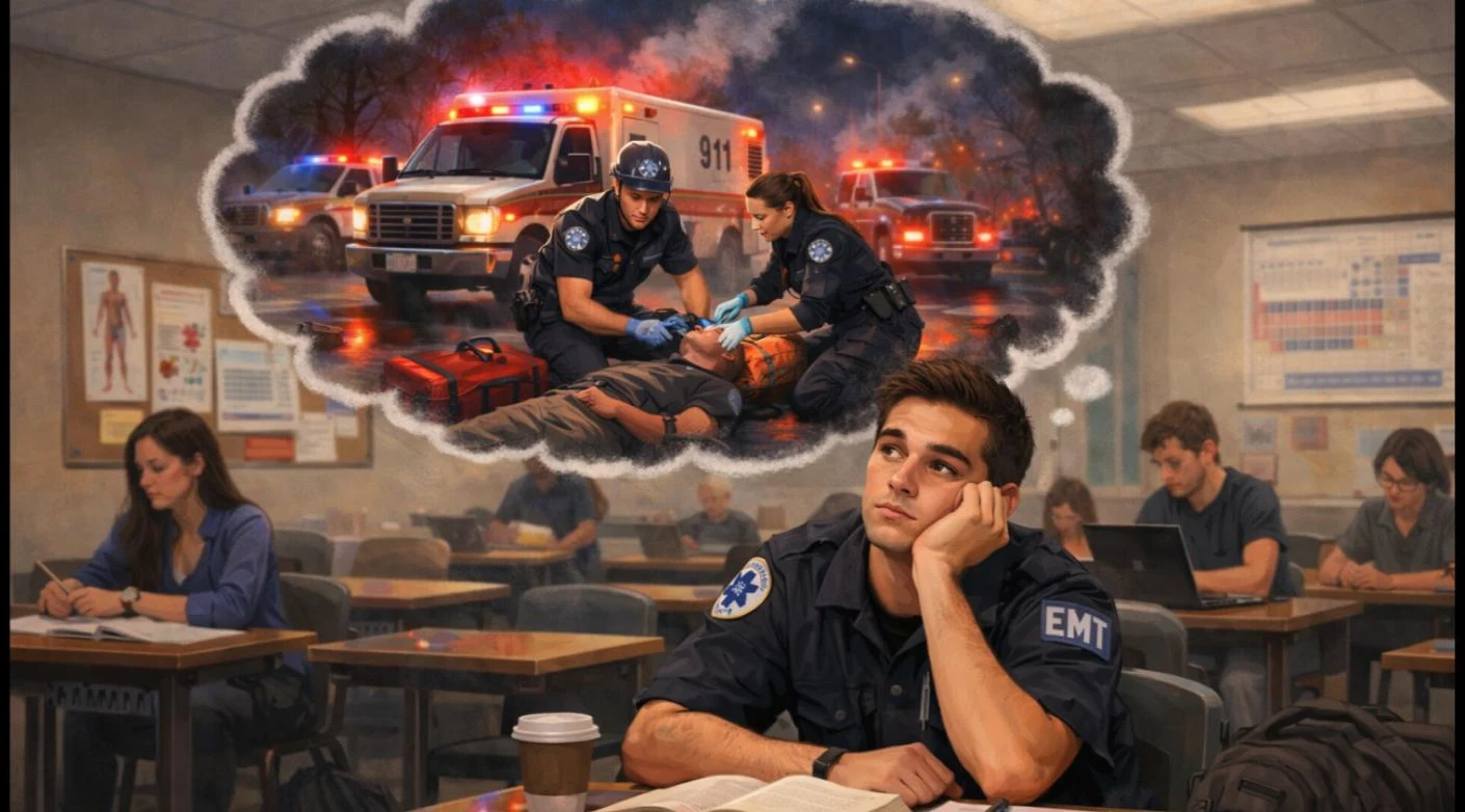 An EMT student daydreaming in a classroom, with a thought bubble showing paramedics working an emergency scene beside an ambulance