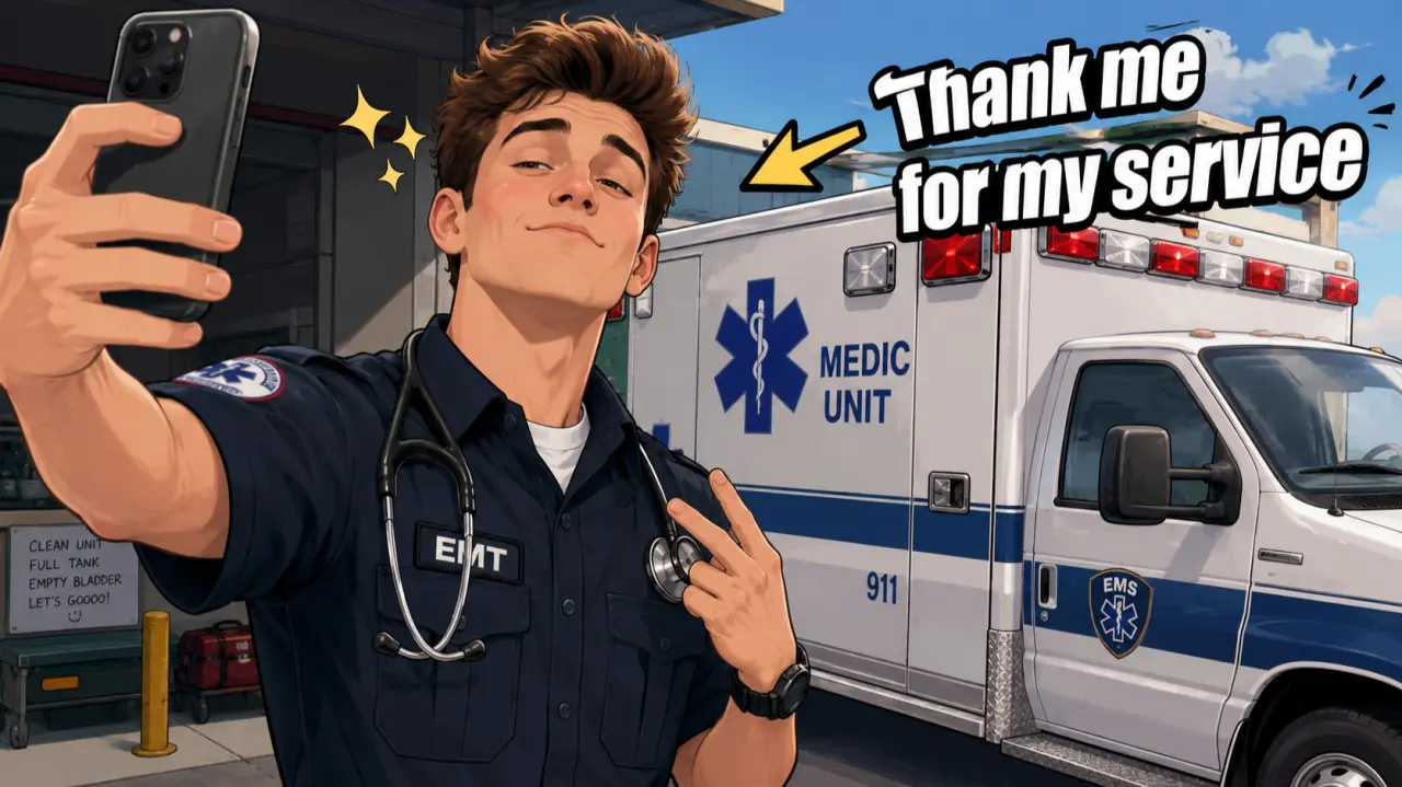 A young EMT taking a proud selfie beside an ambulance beneath the words Thank me for my service