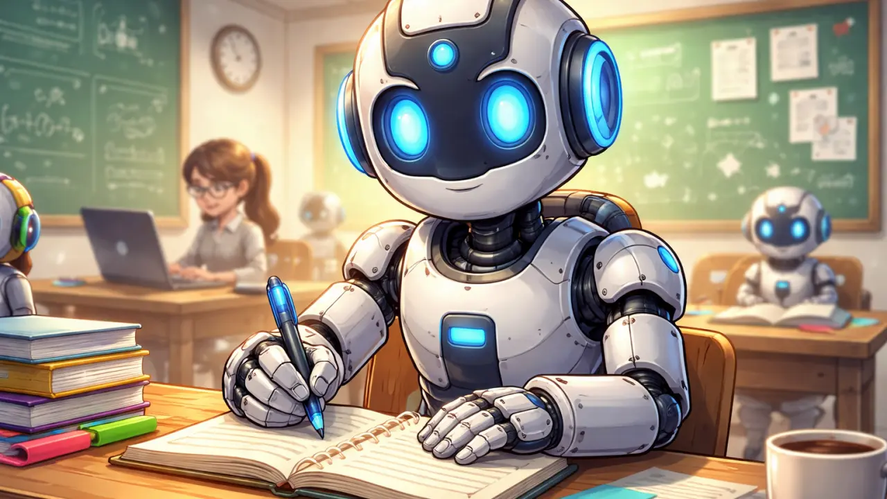 A friendly robot creating polished handwritten notes in a classroom