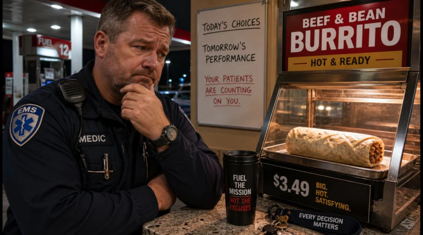 A paramedic staring down a hot gas station burrito case at night, next to a whiteboard reading Today's Choices, Tomorrow's Performance, Your Patients Are Counting On You