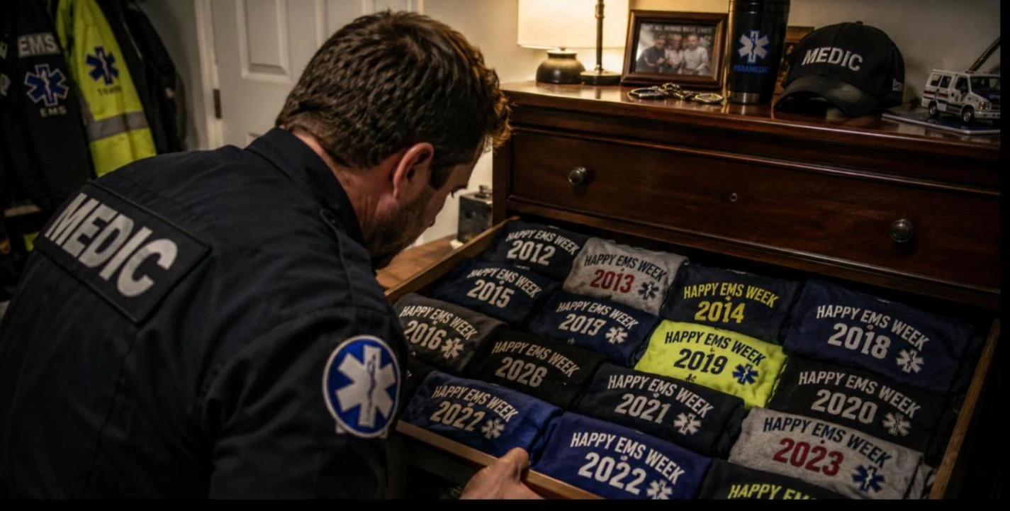 A row of drawers stuffed with a decade of Happy EMS Week t-shirts