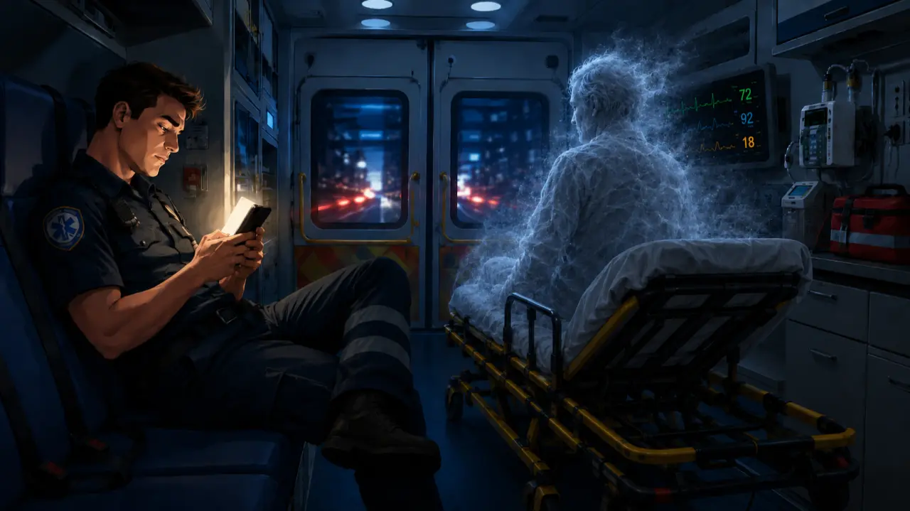 A medic absorbed in his phone while his unattended patient fades away on the stretcher behind him