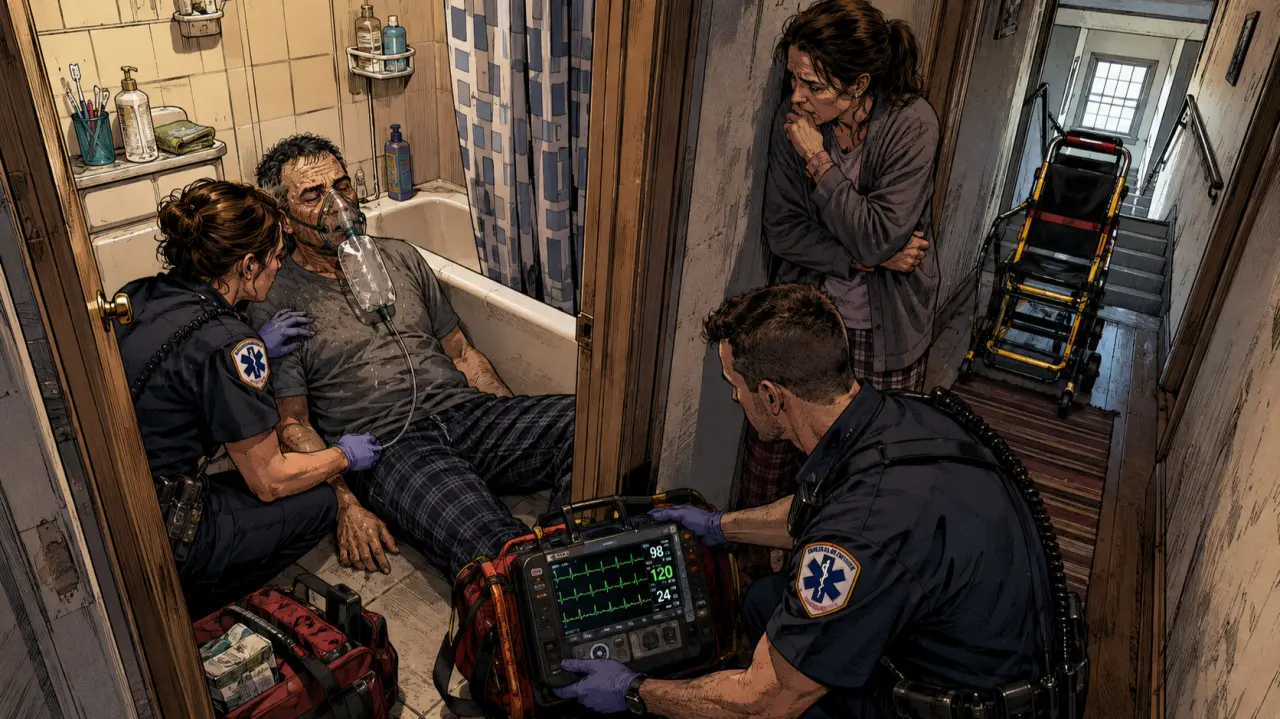 Two EMS clinicians treating a sick patient in a cramped bathroom while a stair chair waits in the hall
