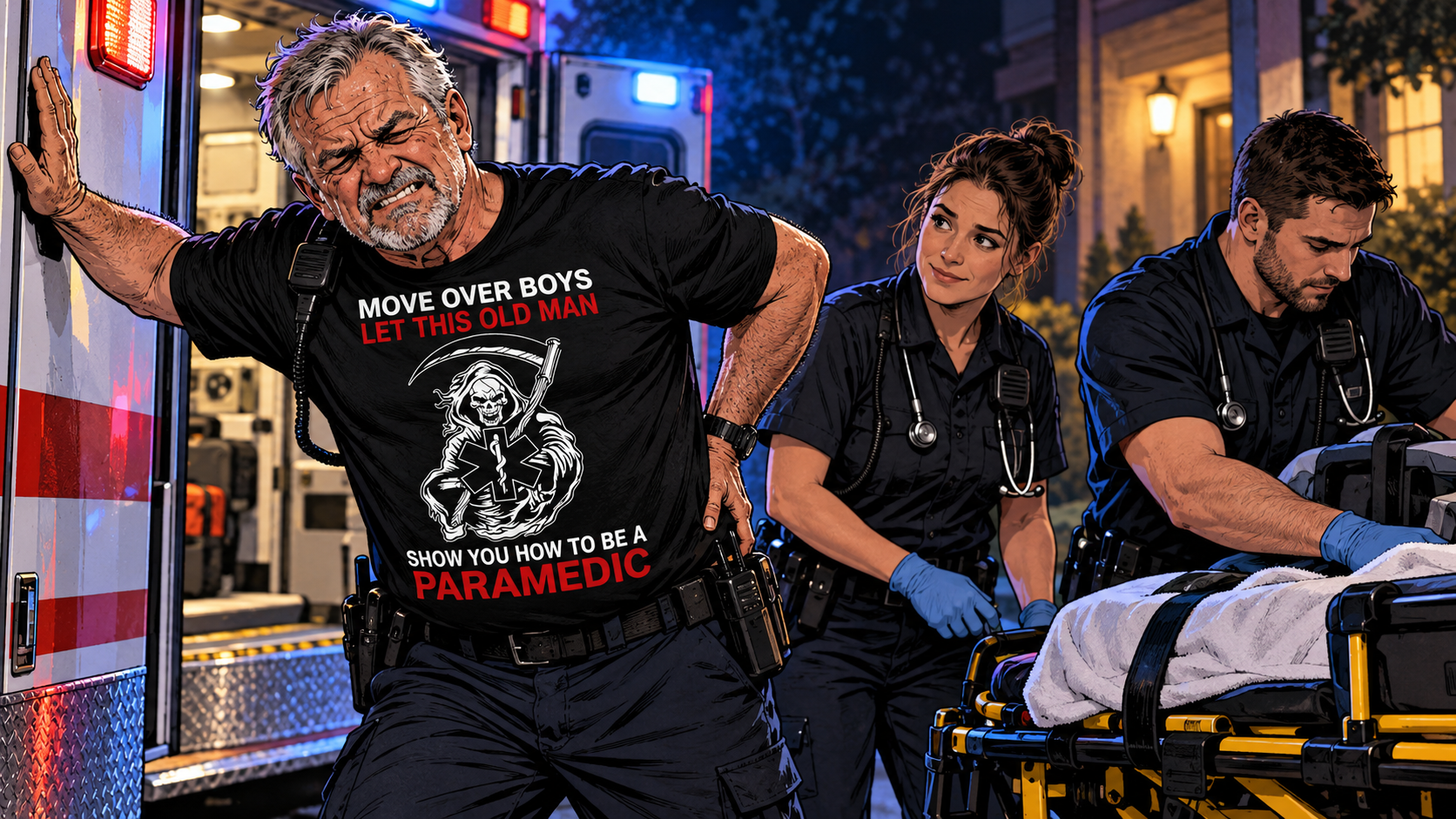 Older paramedic in a humorous black EMS T-shirt bracing himself against an ambulance while younger providers work nearby