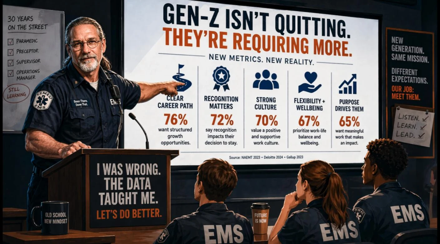 A veteran paramedic instructor presenting Gen-Z workforce retention data to a room of young EMS providers, slide reading Gen-Z Isn't Quitting, They're Requiring More