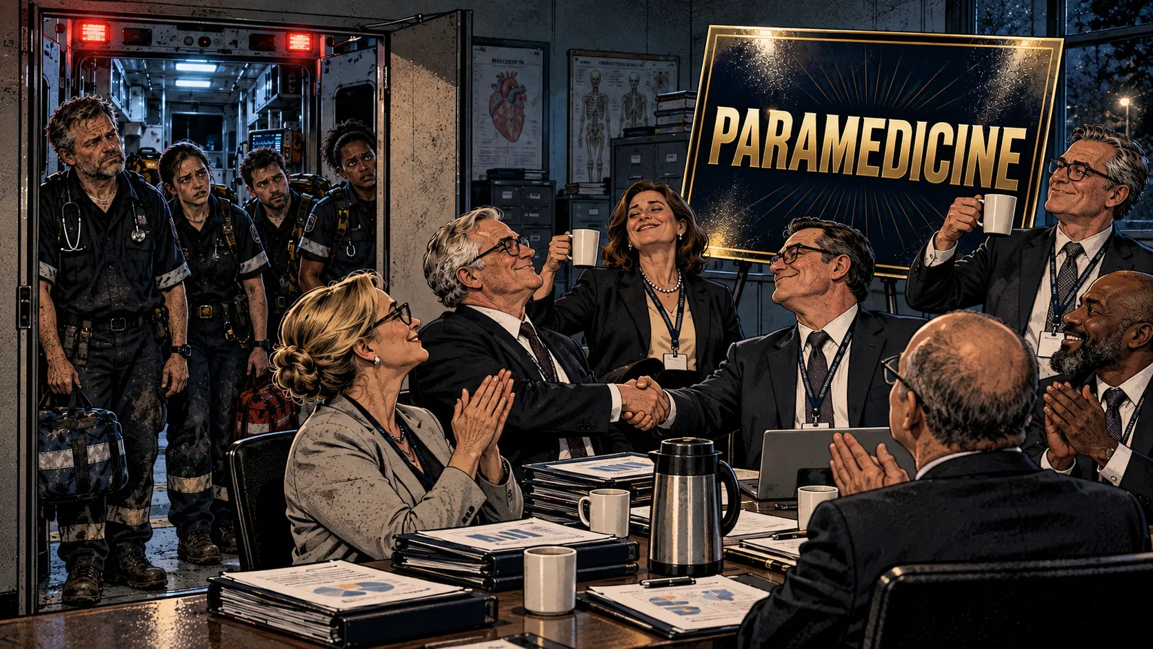 Polished academics congratulate one another in a conference room while exhausted field paramedics stare through the doorway