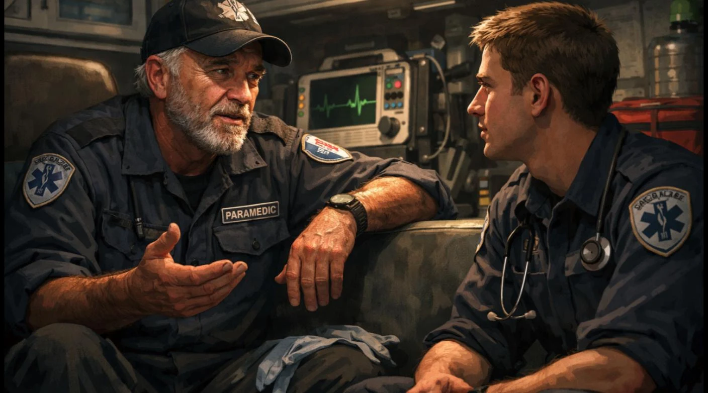 A veteran paramedic talking seriously with a younger provider in the back of an ambulance