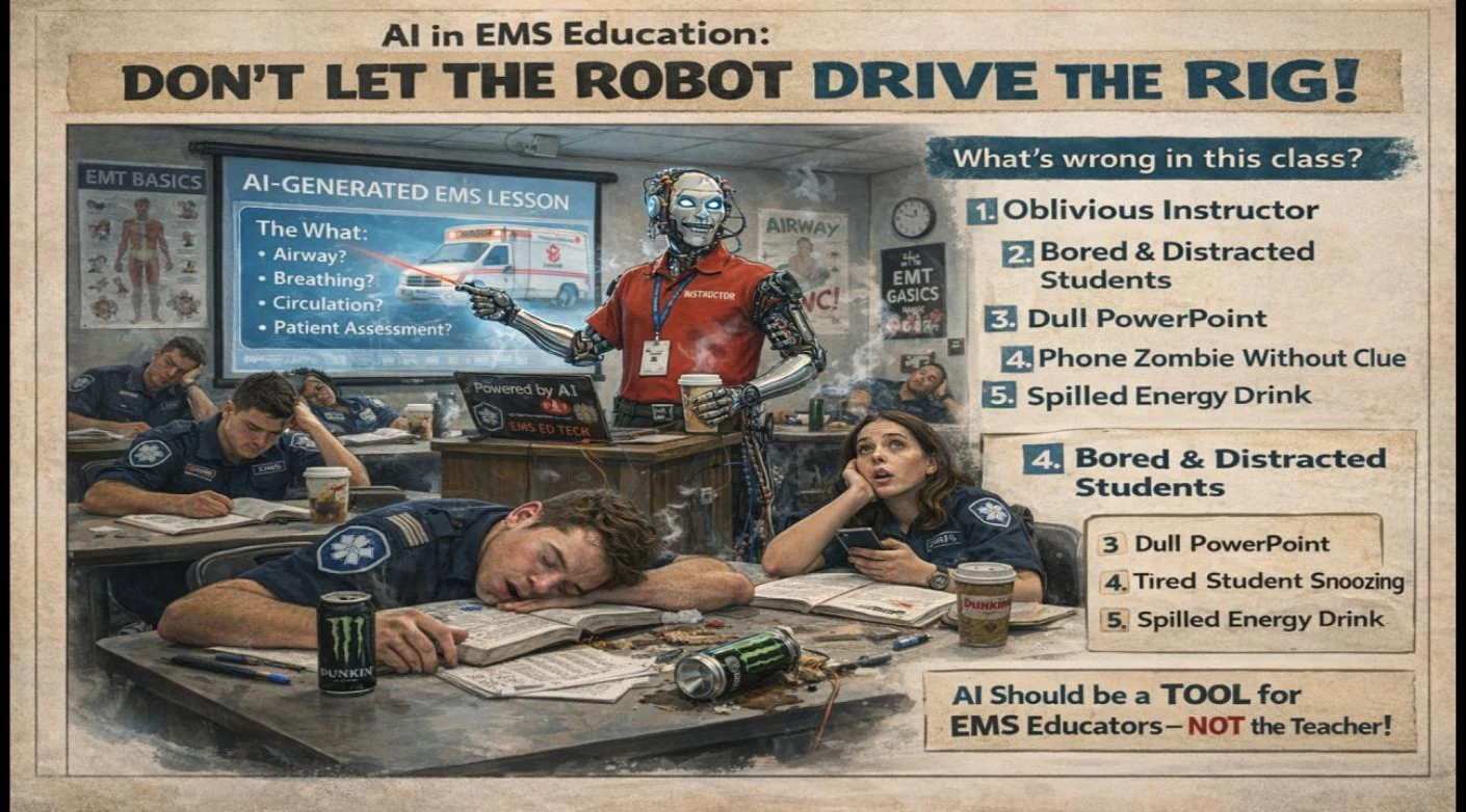 AI in EMS Education graphic titled Don't Let the Robot Drive the Rig, showing a robot instructor at the front of a classroom while bored students slump over their desks with energy drinks