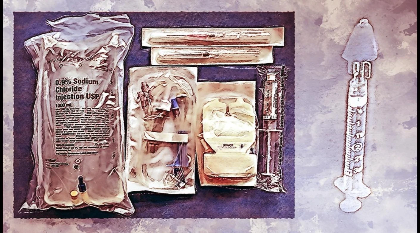 Watercolor-style still life of IV fluid bags, IV start supplies, and a syringe laid out on a table