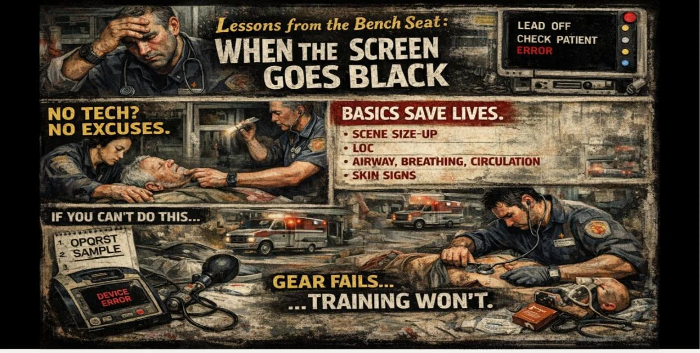 Illustrated collage titled Lessons from the Bench Seat: When the Screen Goes Black, showing a paramedic taking a manual blood pressure, a cardiac monitor reading LEAD OFF CHECK PATIENT ERROR, and a device reading DEVICE ERROR, with the text No Tech? No Excuses. Basics Save Lives. Gear Fails... Training Won't.