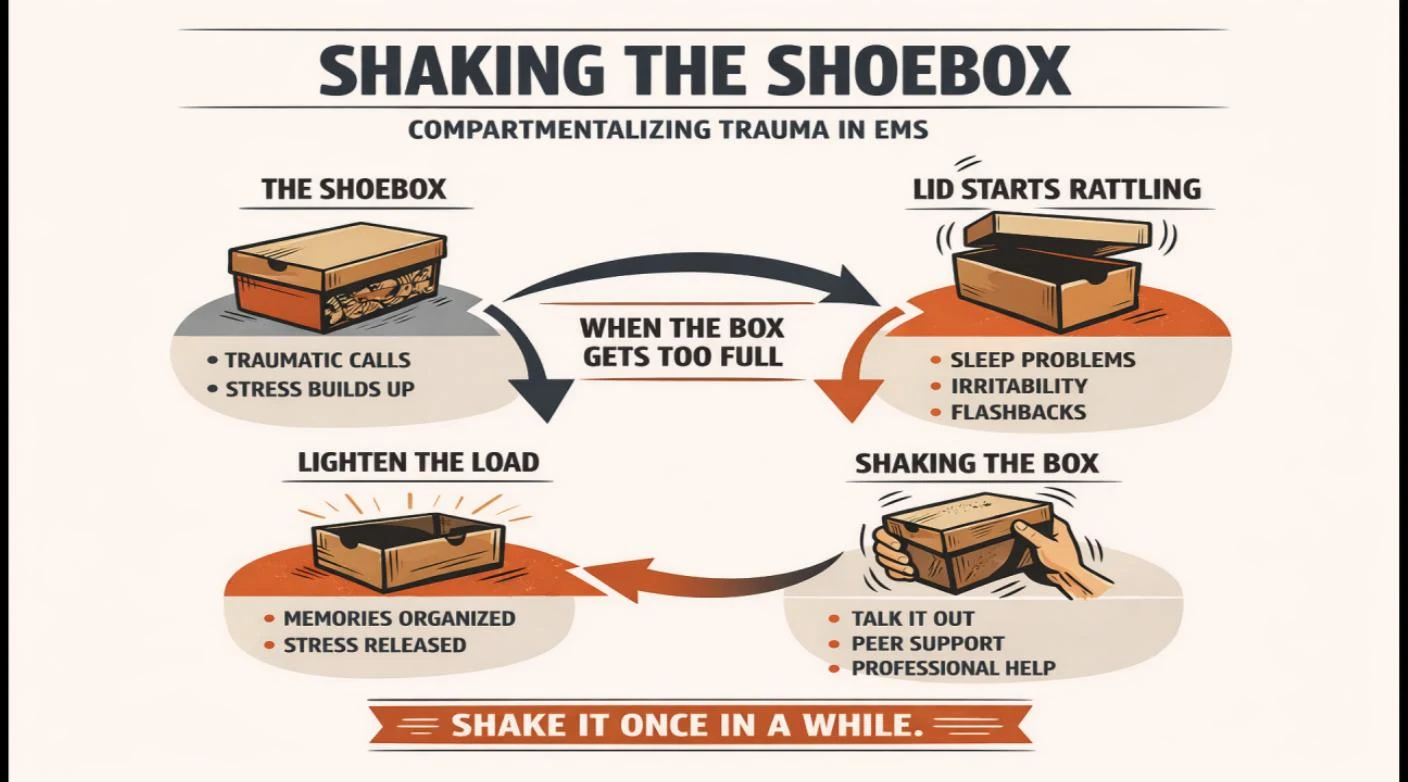 Infographic titled Shaking the Shoebox: Compartmentalizing Trauma in EMS, showing a four-stage cycle from The Shoebox to Lid Starts Rattling to Shaking the Box to Lighten the Load