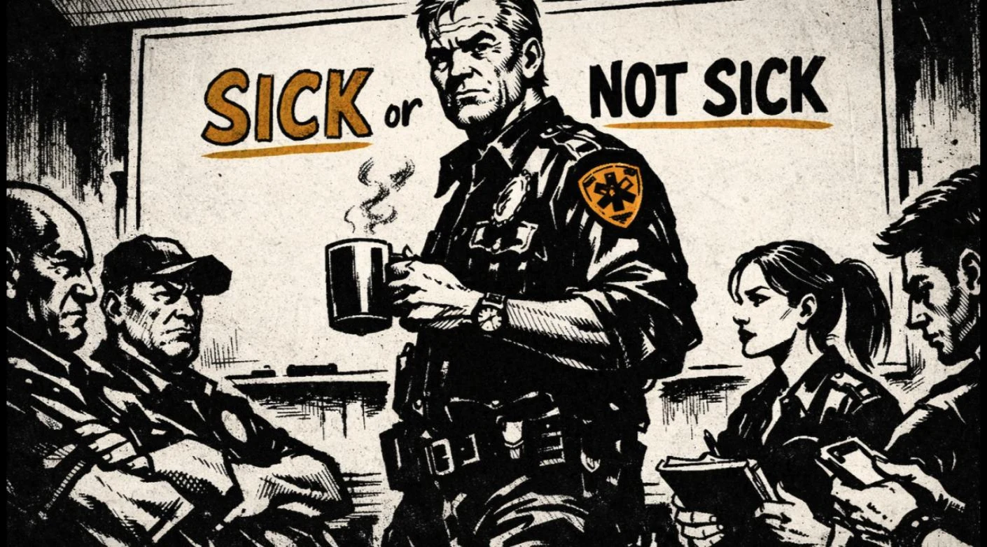 Comic-style illustration of a stern paramedic instructor holding a coffee mug in front of a whiteboard reading Sick or Not Sick, flanked by veteran and new EMT students