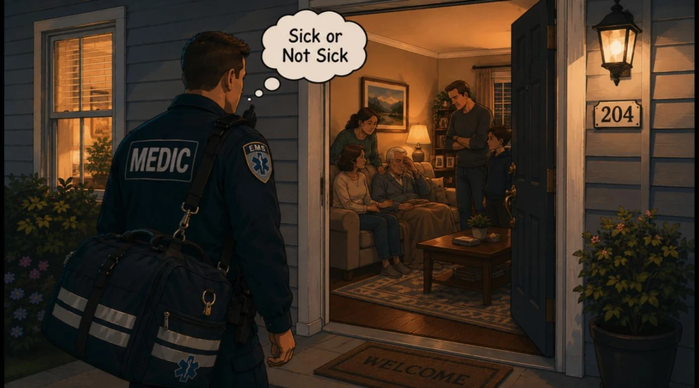 Illustration of a medic standing at a front door thinking Sick or Not Sick while looking in at a family gathered around a patient