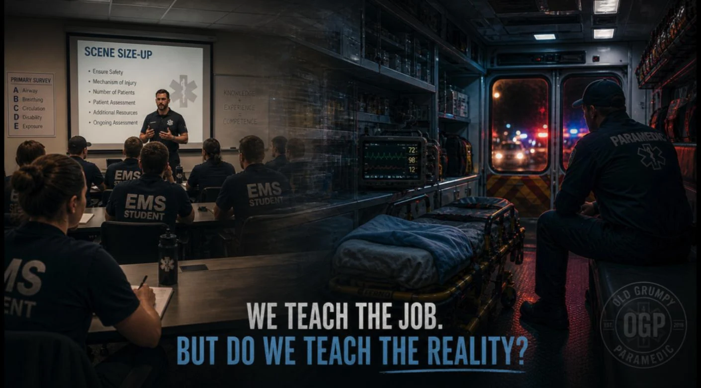 Split image of an EMS classroom lecture on scene size-up overlaid with the interior of an ambulance at night, reading We Teach the Job. But Do We Teach the Reality?