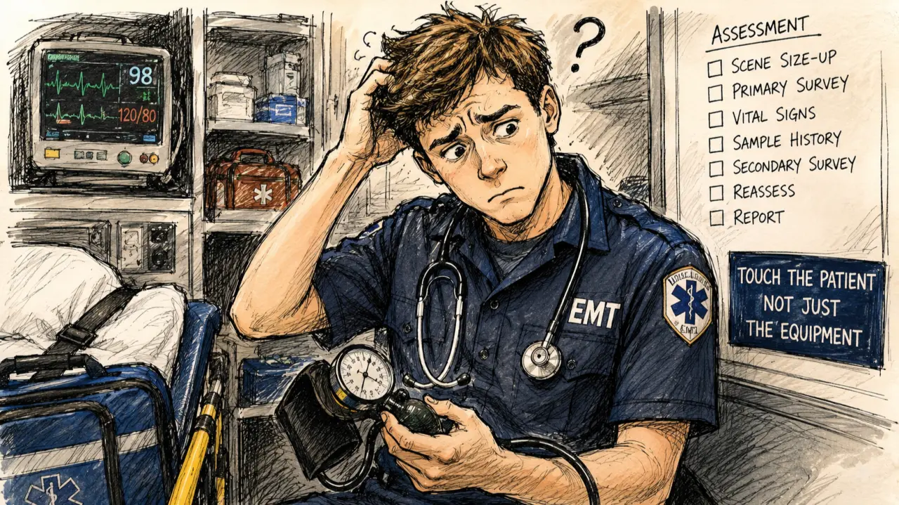 An EMT holding a manual blood-pressure cuff beside a monitor and an assessment checklist