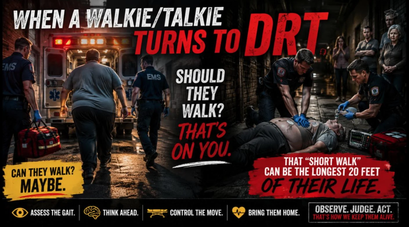 Graphic contrasting a patient walking to the ambulance with a code being run in an alley, reading When a Walkie/Talkie Turns to DRT