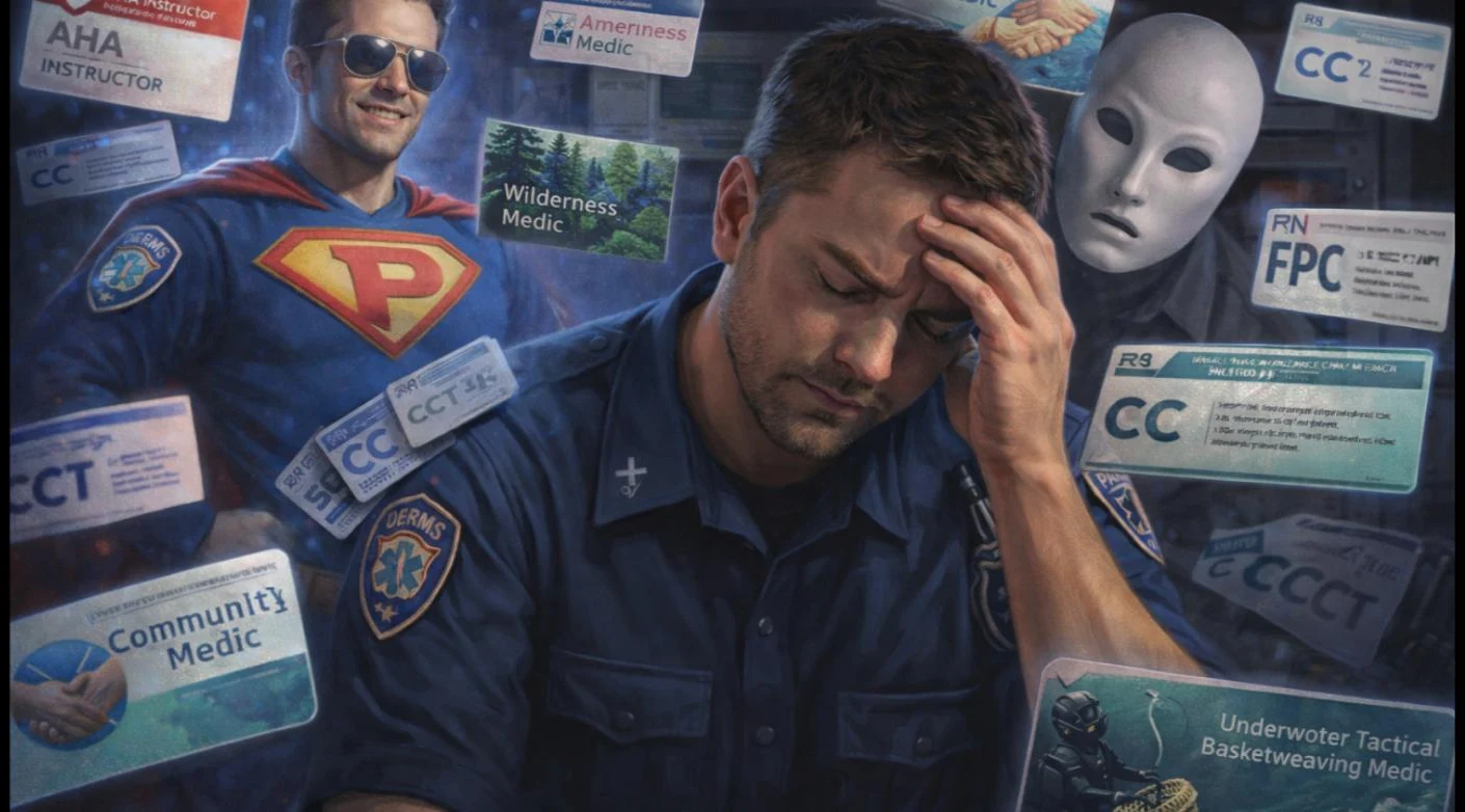 A paramedic holding his head in stress, surrounded by a swirl of certification cards and credential badges, with a caped superhero medic and a blank mask floating behind him