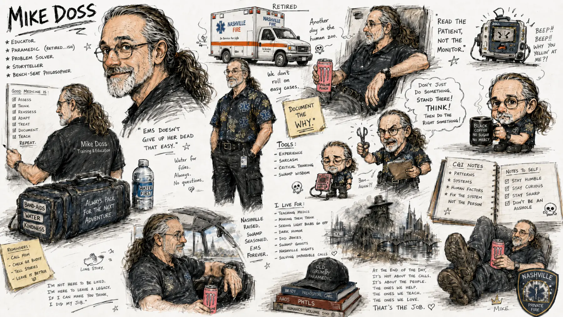 Illustrated field notebook collage portraying Mike Doss as educator, retired-ish paramedic, problem solver, storyteller, and bench-seat philosopher